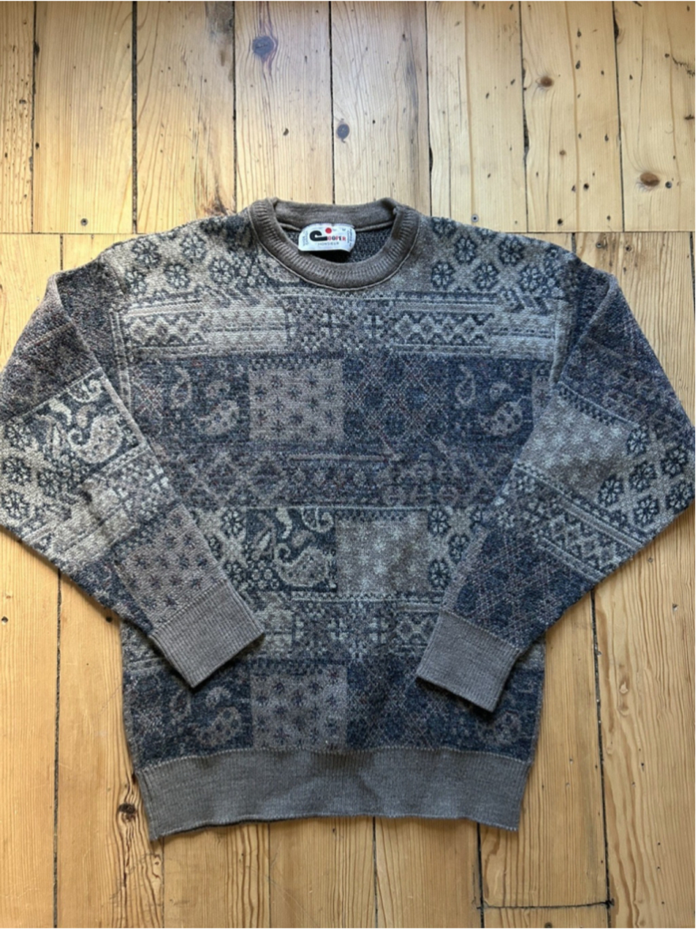 Vintage Knit Paisley Sweater Brown Aran Knit Pullover